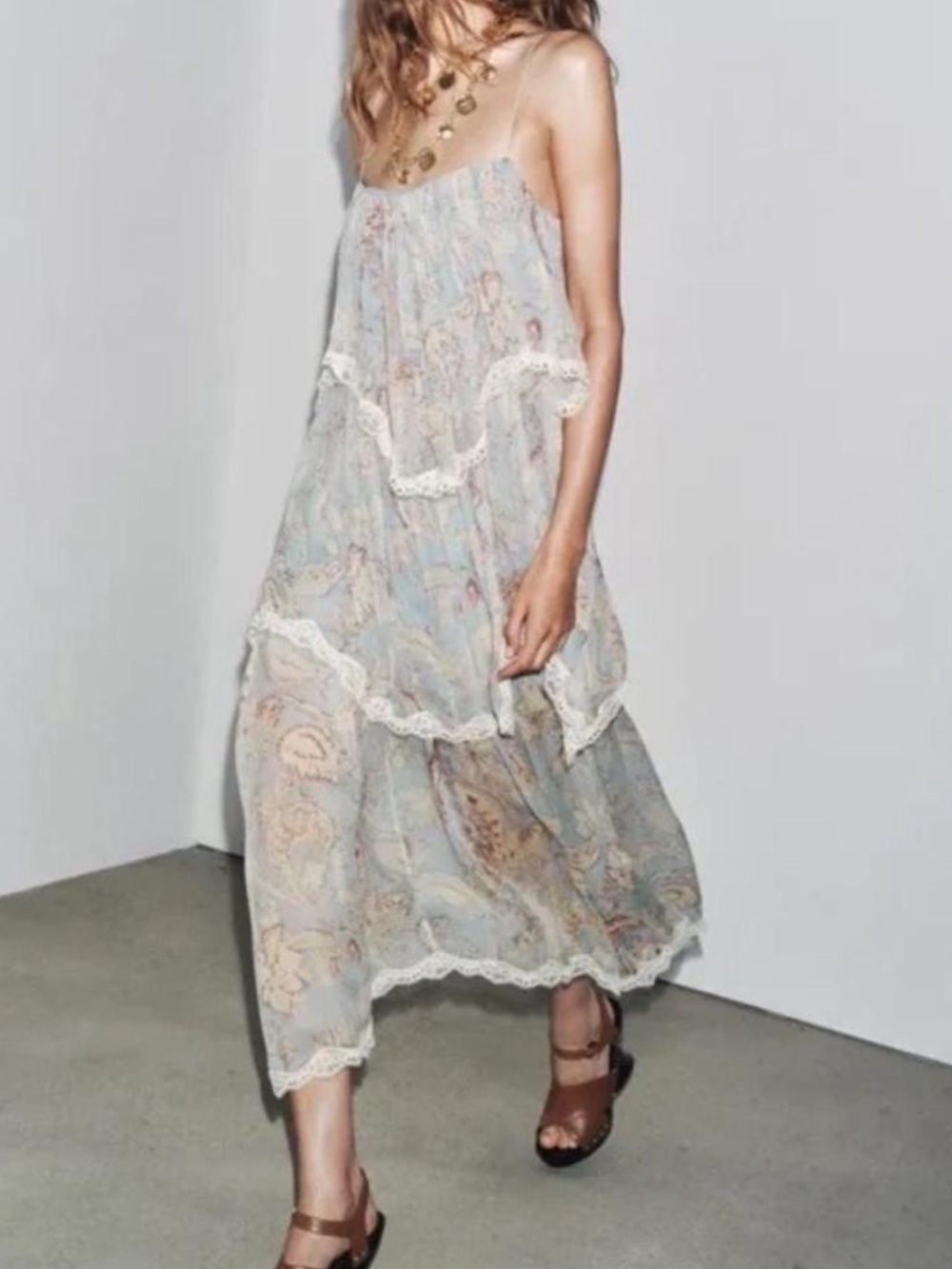 Boho Lace-Trim Floral Midi Dress in Light Blue Zara